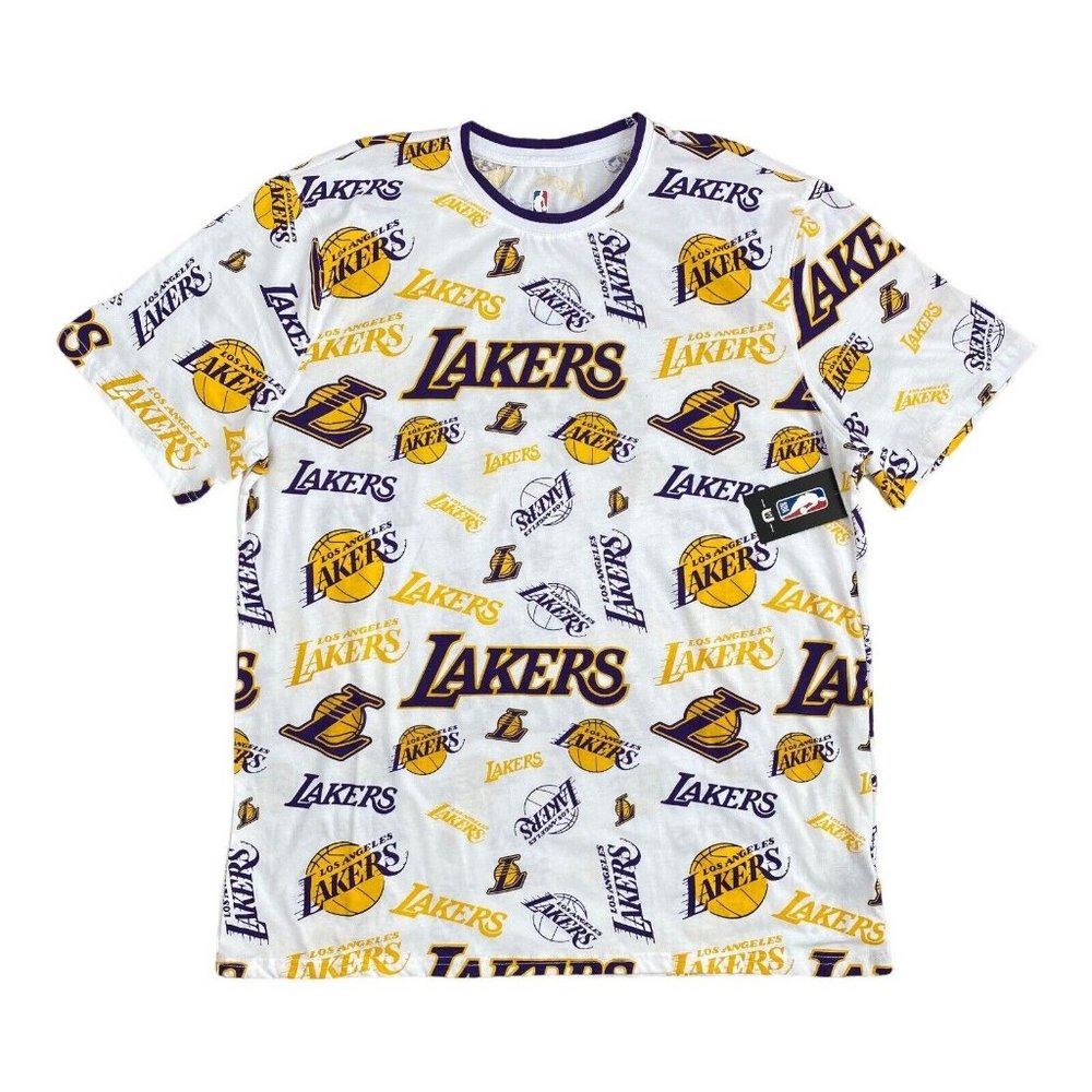 Los Angeles Lakers NBA T-Shirt Sticker Book Logo All Over Logo Mens 2X NWT